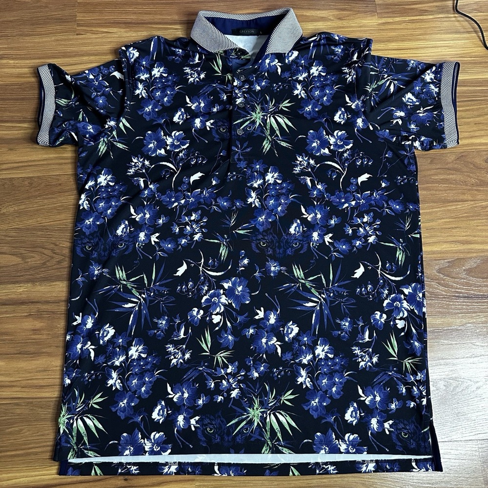 Greyson Dark Floral Golf Polo Mens Large Maltese Blue Black Wolf Eyes AOP - Picture 3 of 10